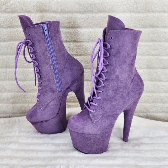 Lavender Lilac Purple Faux Suede Platform 7" Heel Lace Up Ankle Boots - Picture 4 of 12